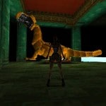 Lara devant le dragon, avec un gros bug d'affichage en arrière plan